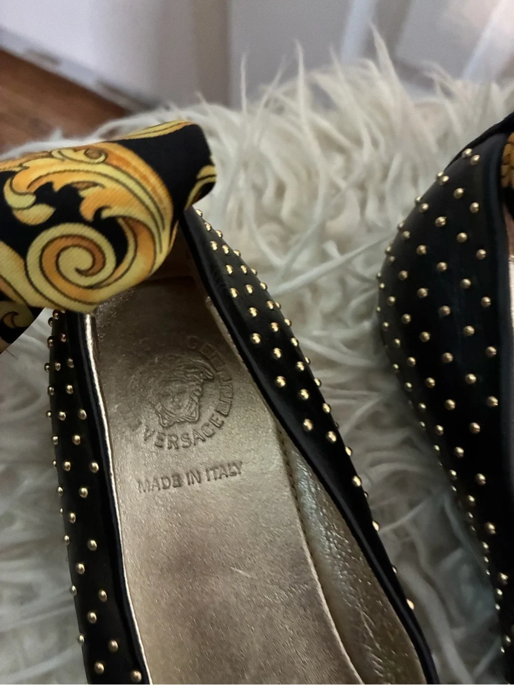 Versace Black and Gold Studded Ballet Flats with Medusa Charm
